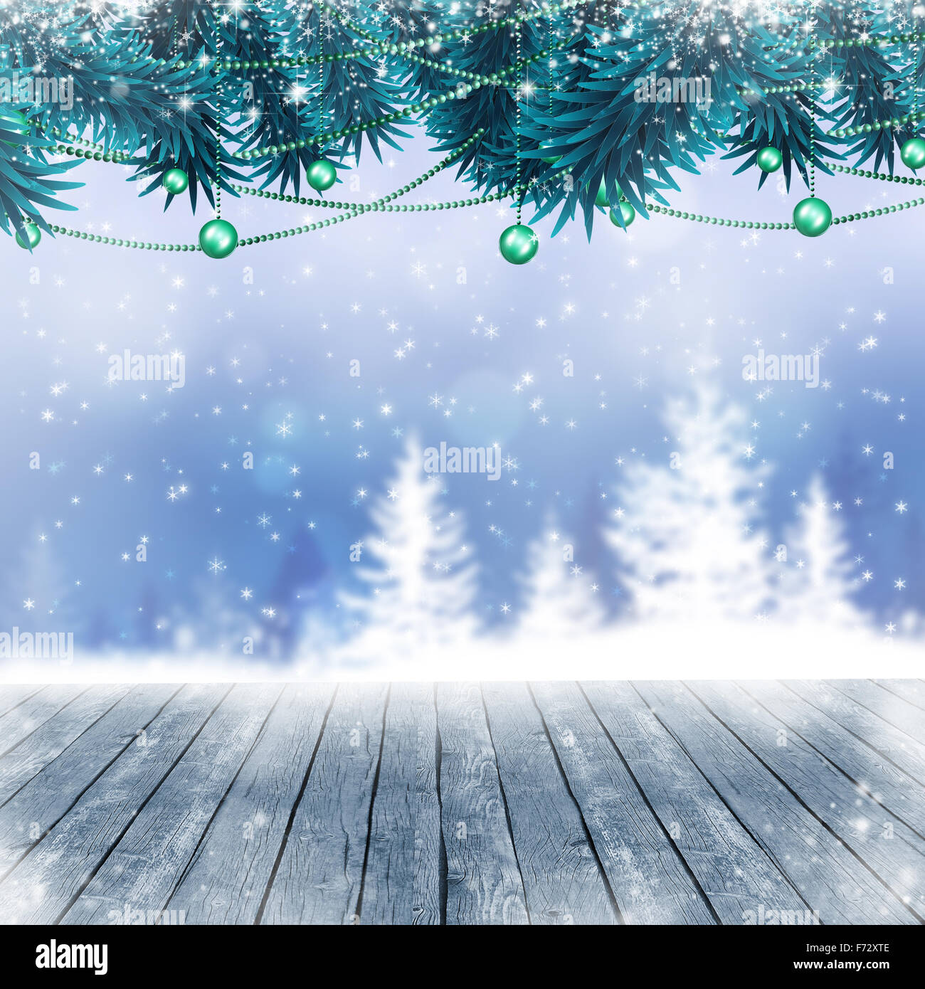 winter snow christmas tree blue background with stars and forest Stock ...