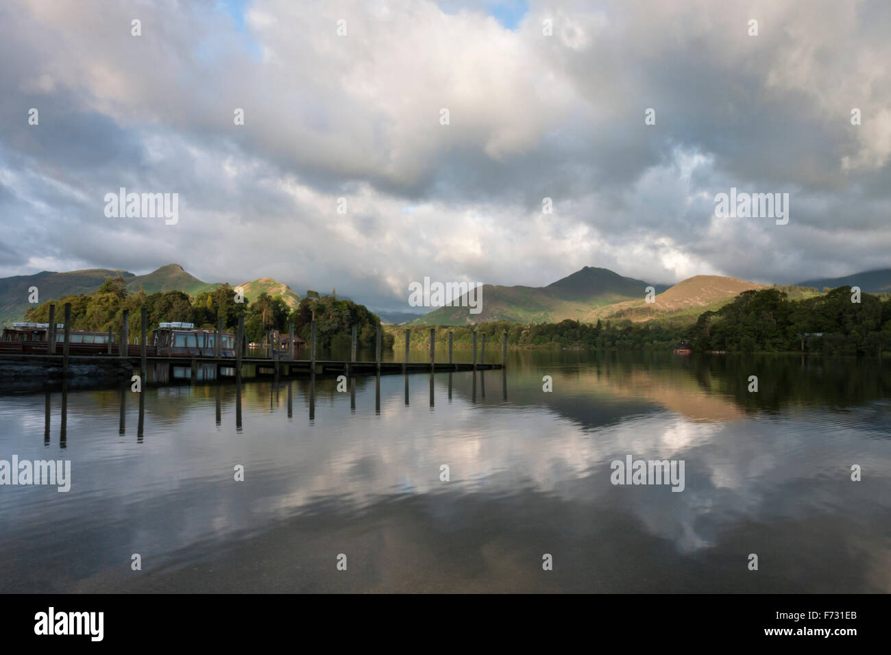 View of landing stage and reflections on Derwent Water, Keswick, Lake District, Cumbria, England, UK Stock Photo