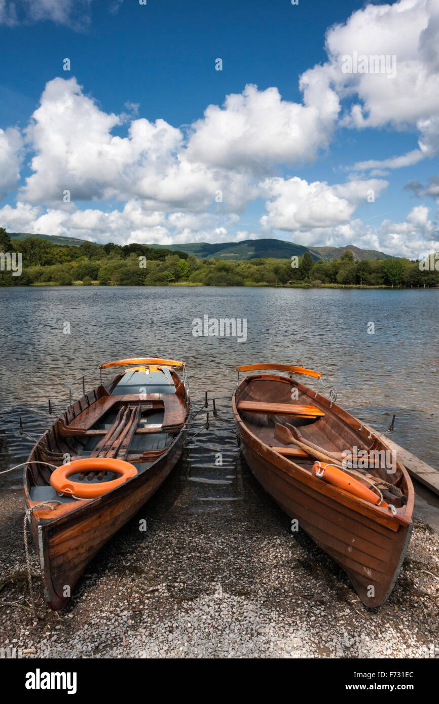 Two rowing boats moored on Derwent Water, near the Keswick landing stage, Keswick, Lake District, Cumbria, England, UK Stock Photo