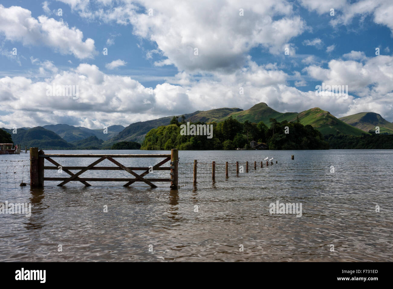 View of a gate and fence in a flooded Derwent Water looking towards Catbells, Keswick, Lake District, Cumbria, England, UK Stock Photo