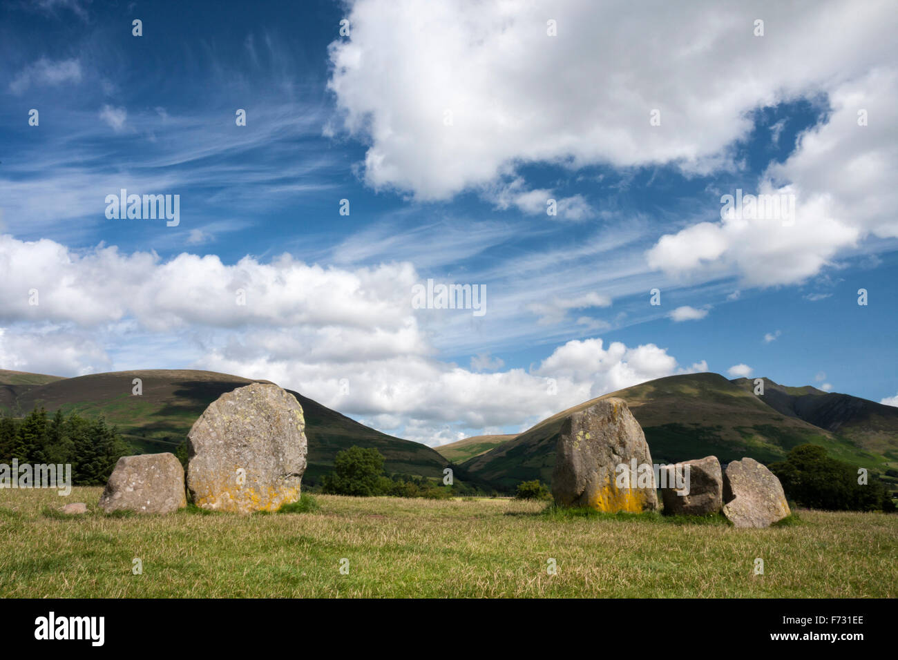Castlerigg stone circle looking towards Blencathra in the Lake District National Park, Cumbria, England, UK Stock Photo