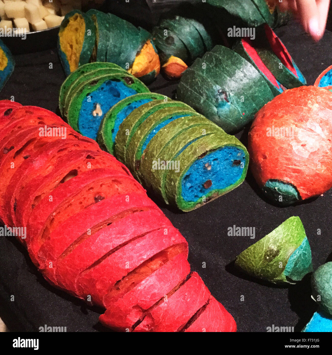Artwork using bread baked with food coloring by the French artist Dorothée Selz at an exhibition at the French Cheese Board in New York on Thursday, November 12, 2015.  (© Richard B. Levine) Stock Photo