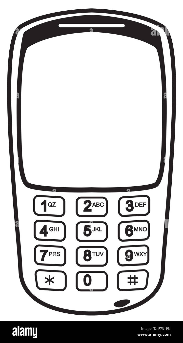 An old mobile phone silhouette with numbers isolated on a white background Stock Photo