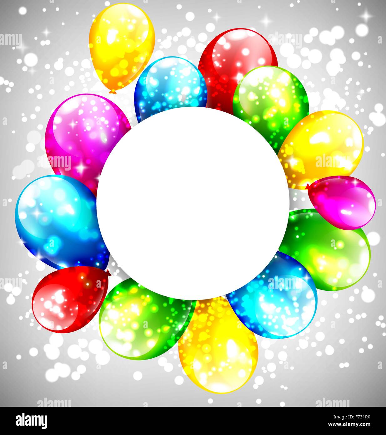 Multicolored inflatable balloons with circle frame on grayscale Stock ...