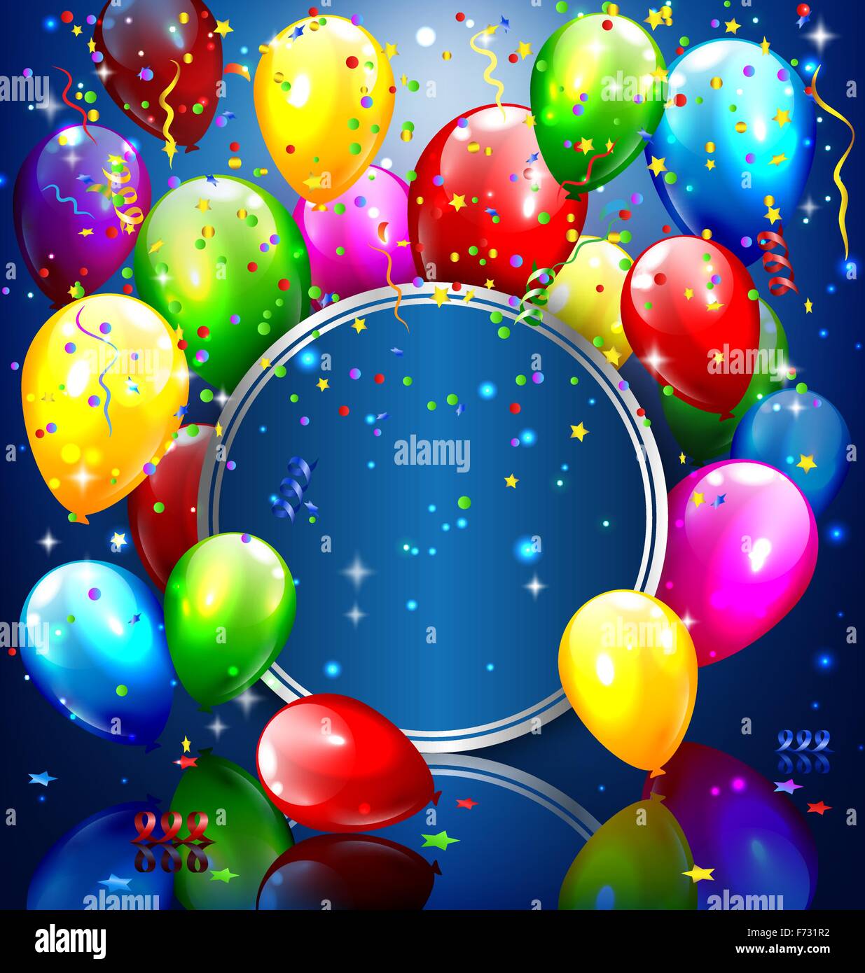 Multicolored inflatable balloons with circle frame and confetti Stock ...