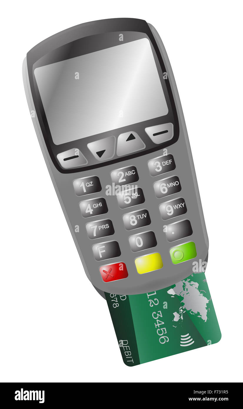 A detailed chip and pin machine with a card isolated on a white background Stock Photo