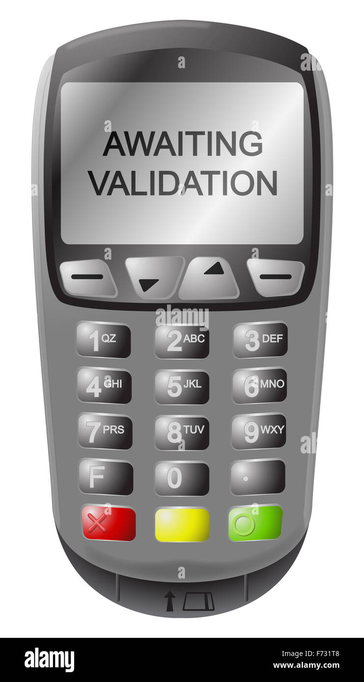 A detailed chip and pin machine with text isolated on a white background Stock Photo
