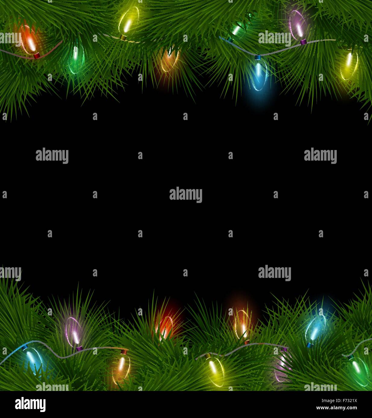 Christmas lights on pine on black Stock Vector