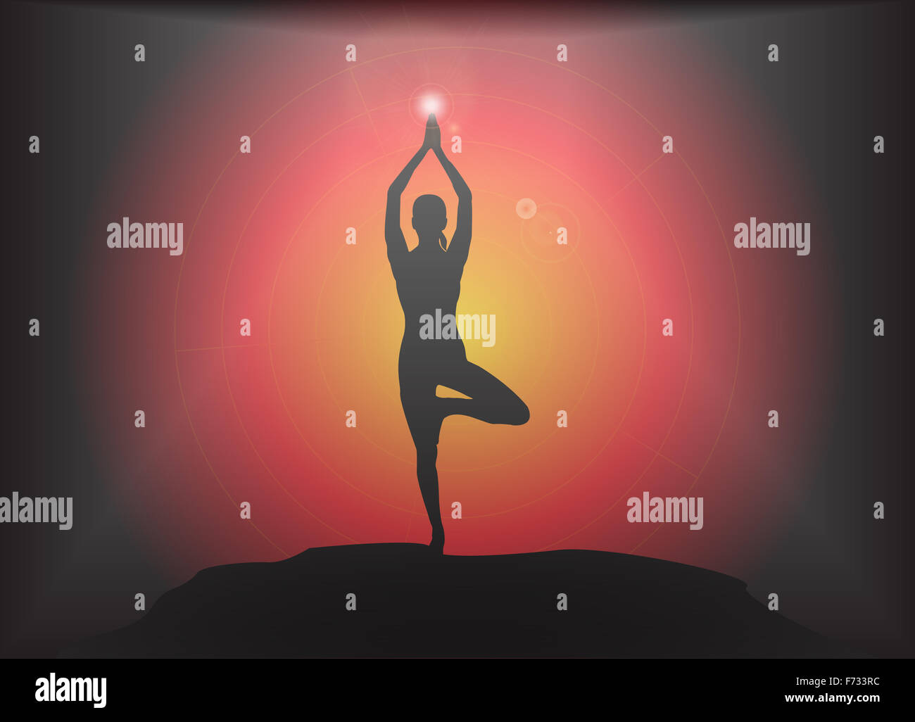 A yoga woman silhouette performing tree pose on a dark colourful ...