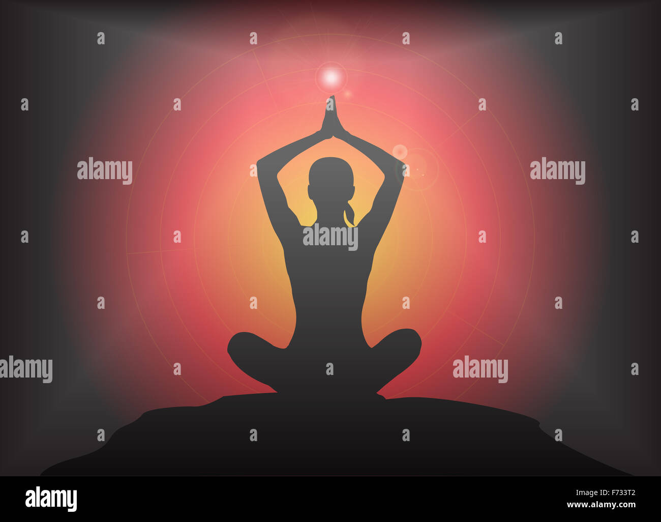 A Yoga Woman Silhouette Performing Arms Overhead Lotus Pose On A Dark
