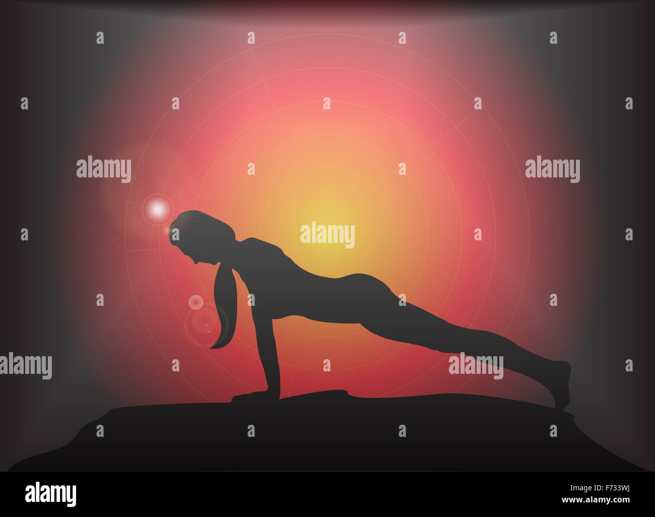 A yoga woman silhouette performing plank pose on a dark colourful background with a glare Stock Photo