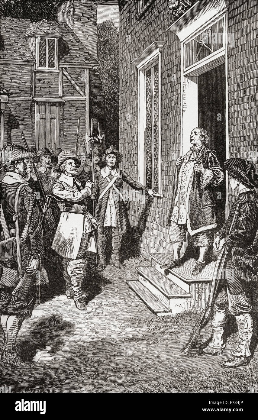 Sir William Berkeley, 1605 –  1677, colonial governor of Virginia, and one of the Lords Proprietors of the Colony of Carolina, America, seen here confronting Nathaniel Bacon (1647 – 1676) a colonist of the Virginia Colony, famous as the instigator of Bacon's Rebellion of 1676. Stock Photo