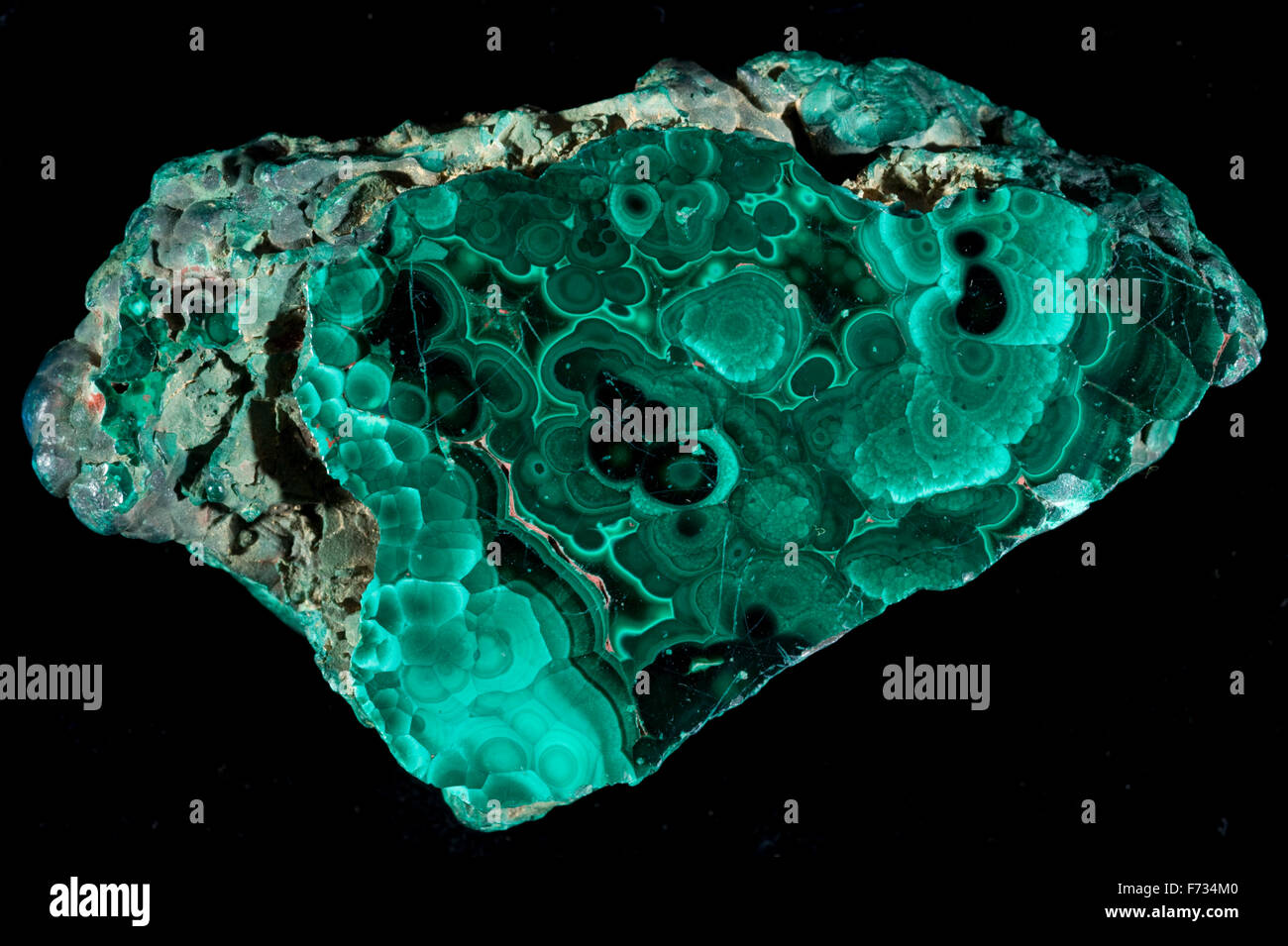 A section through Malachite, a copper carbonate hydroxide mineral Stock