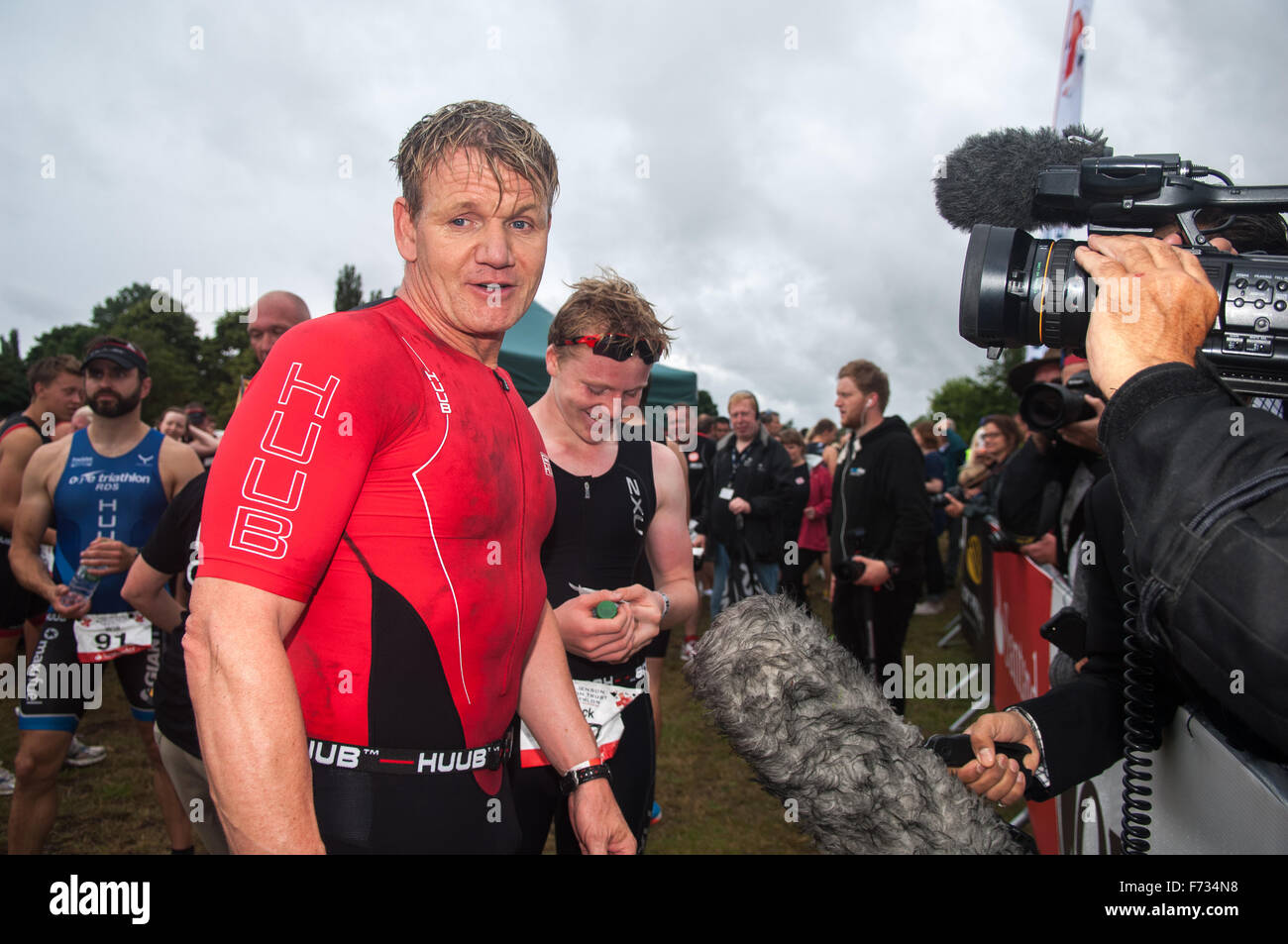 Celebrity chef, Gordon Ramsay, and son Jack, interviewed after finishing the Jenson Button Trust Triathlon 2015 Stock Photo