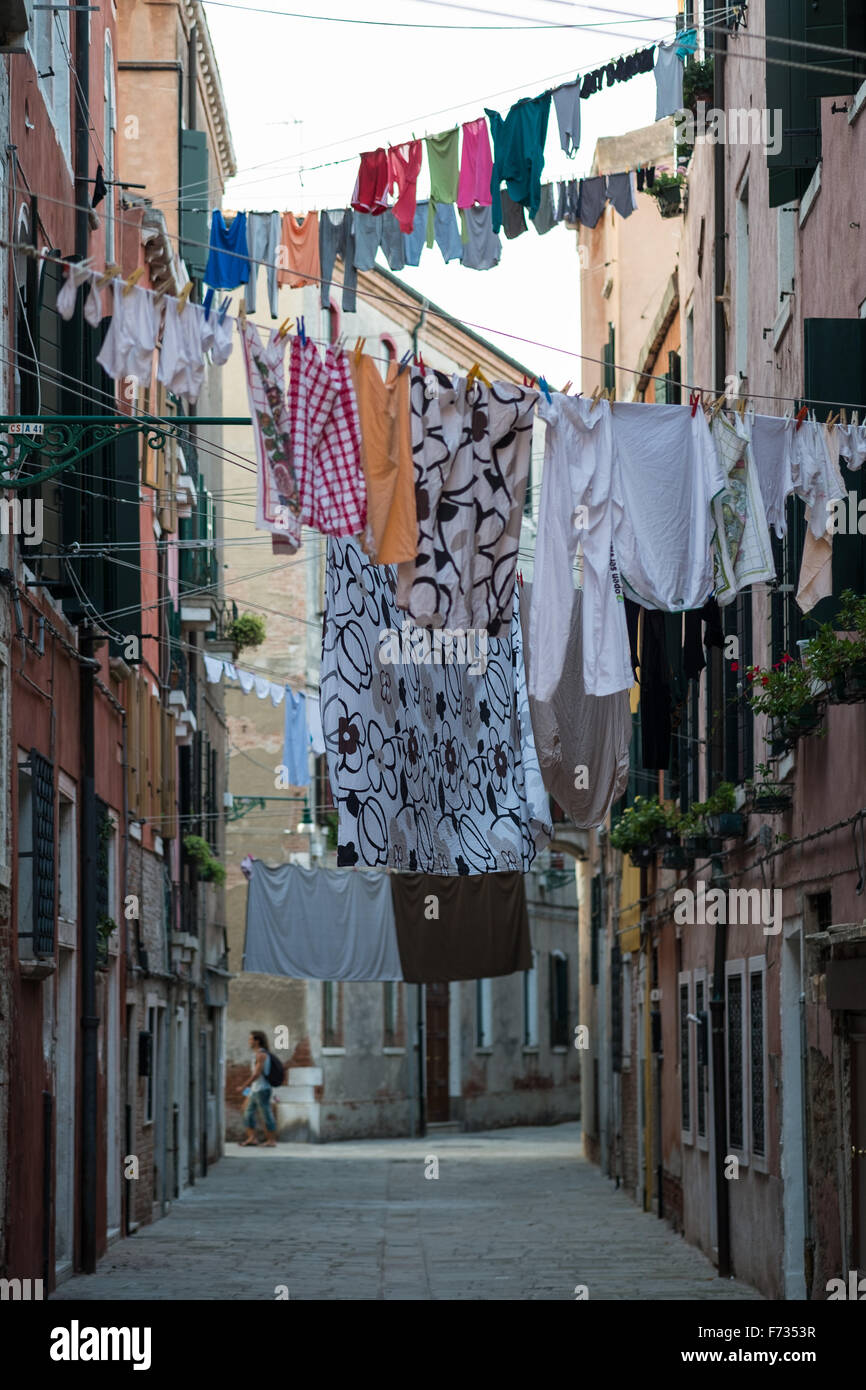 Laundry hanging from the washing lines of the Castello District, Venice