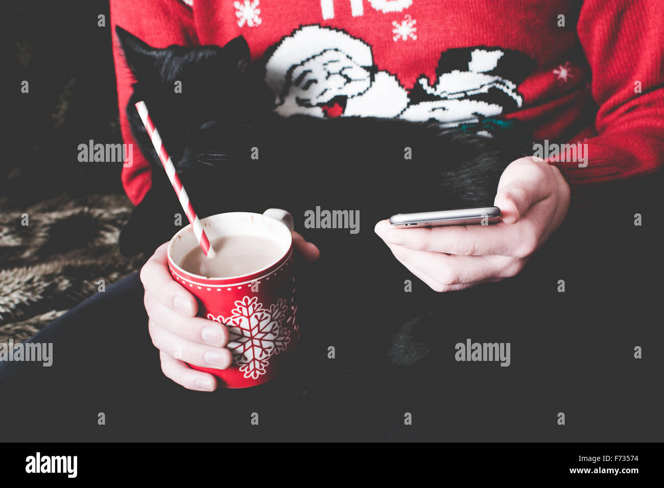 Man wearing a Christmas jumper and using his smartphone Stock Photo