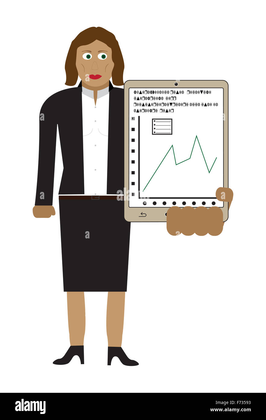 A business woman with a tablet and graph isolated on a white background ...
