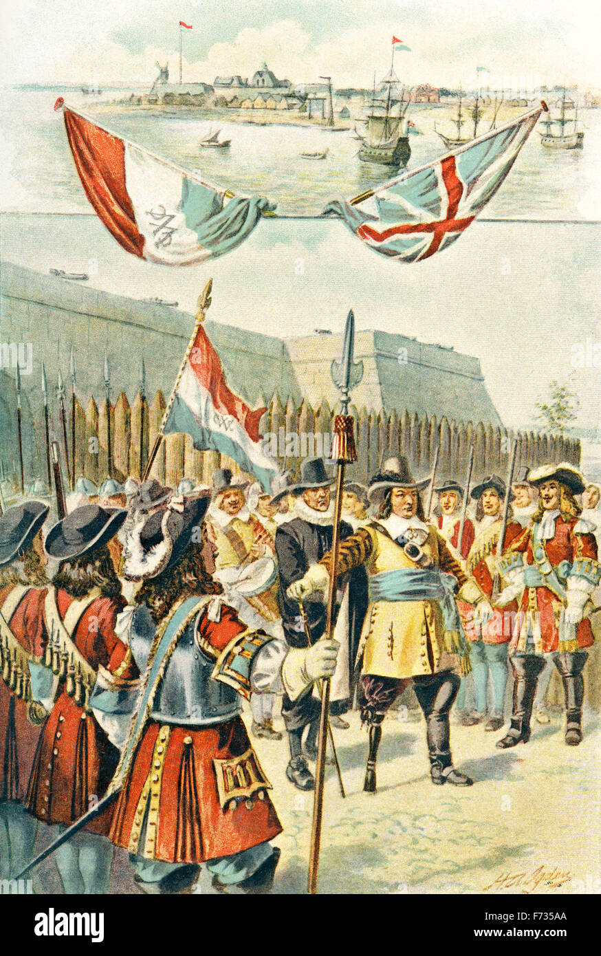 The Dutch surrender New Amsterdam, America, to the English, September 8th, 1664. Stock Photo