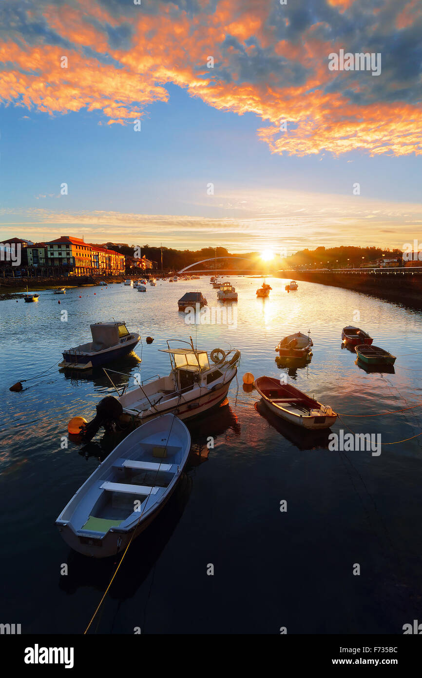 Boats in th river of Plentzia at the sunrise Stock Photo