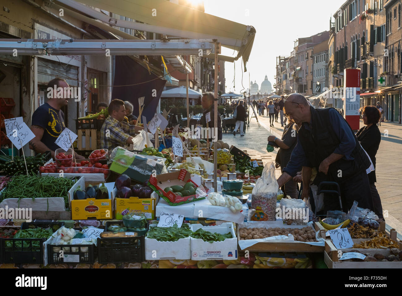 Outdoor grocery shop in Via Garibaldi, Castello, Venice, Italy Stock