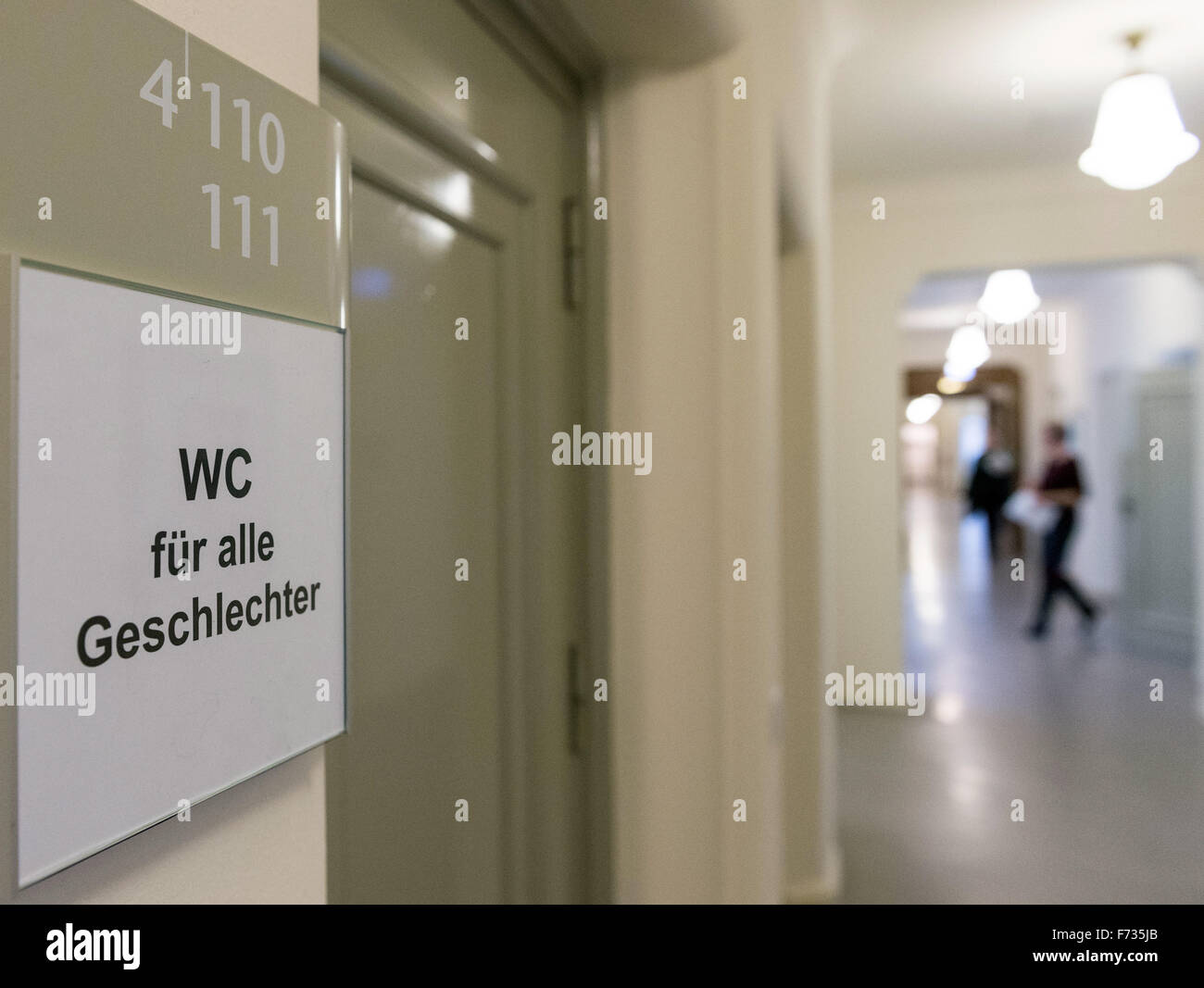 Berlin, Germany. 24th Nov, 2015. A sign that reads 'WC fuer alle Geschlechter' (lit. Toilet for all genders) has been attached to the door of a former toilet for females in Berlin, Germany, 24 November 2015. The Berlin Senate Administration for Labour, Integration and Women is the first one of its kind to set up four 'toilets for all genders' by converting existing ones for women and men. Photo: SOEREN STACHE/dpa/Alamy Live News Stock Photo