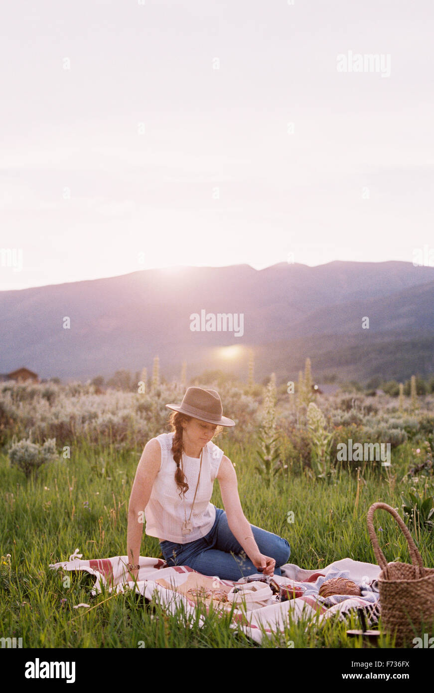Woman having a picnic on a meadow. Stock Photo
