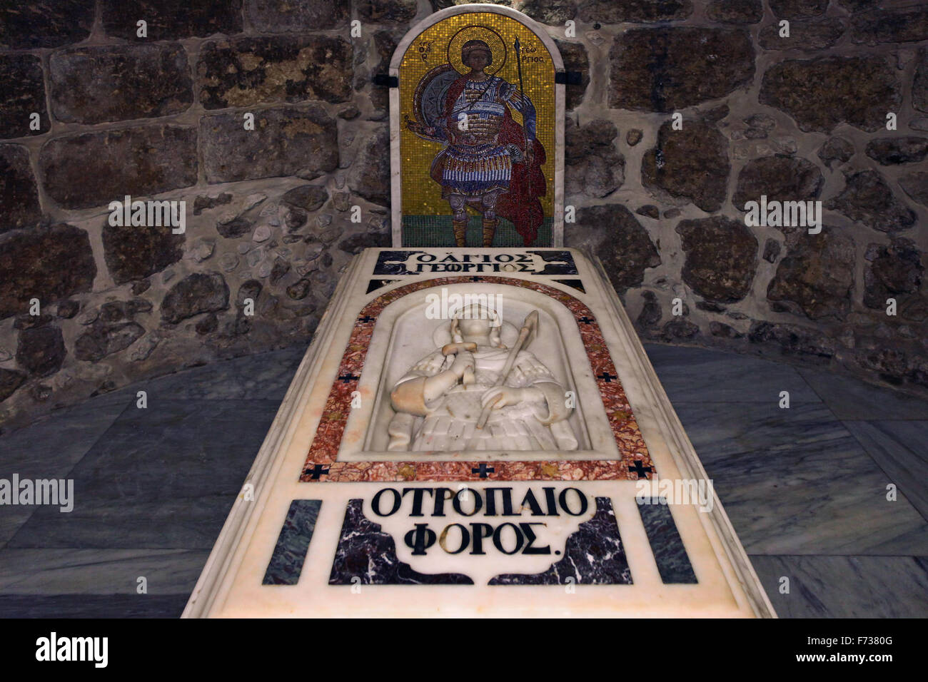 The sarcophagus of St George inside the Church of Saint George a major shrine built in 1870 for the 4th century Christian martyr Saint George in the old city of Lod Israel Stock Photo