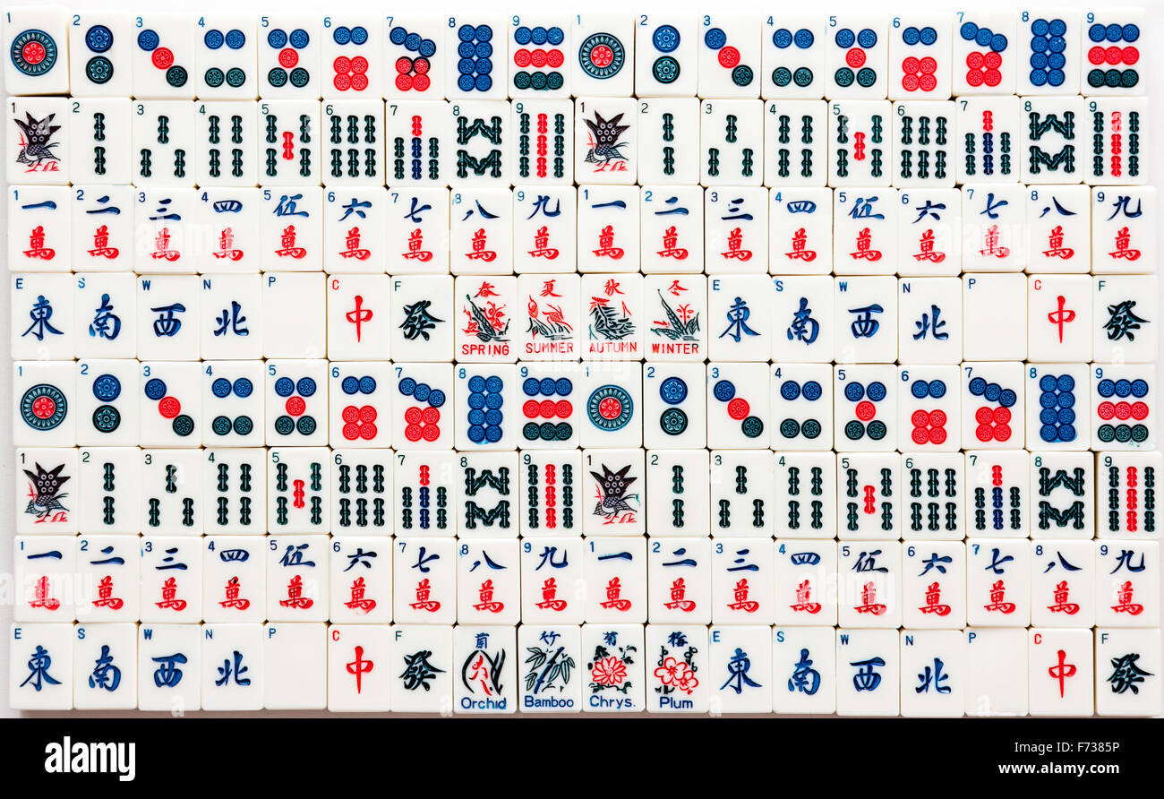 Mah-Jong set of 144 tiles or cards, simples sets, bams, bamboo and circles, dot suits. Laid out in lines in ascending number. Stock Photo