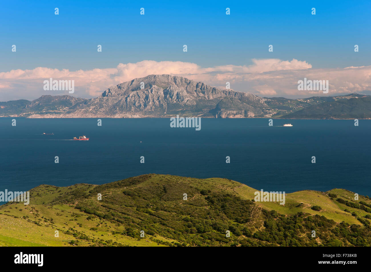 The Strait of Gibraltar and the African coast of Morocco, Tarifa, Cadiz province, Region of Andalusia, Spain, Europe Stock Photo