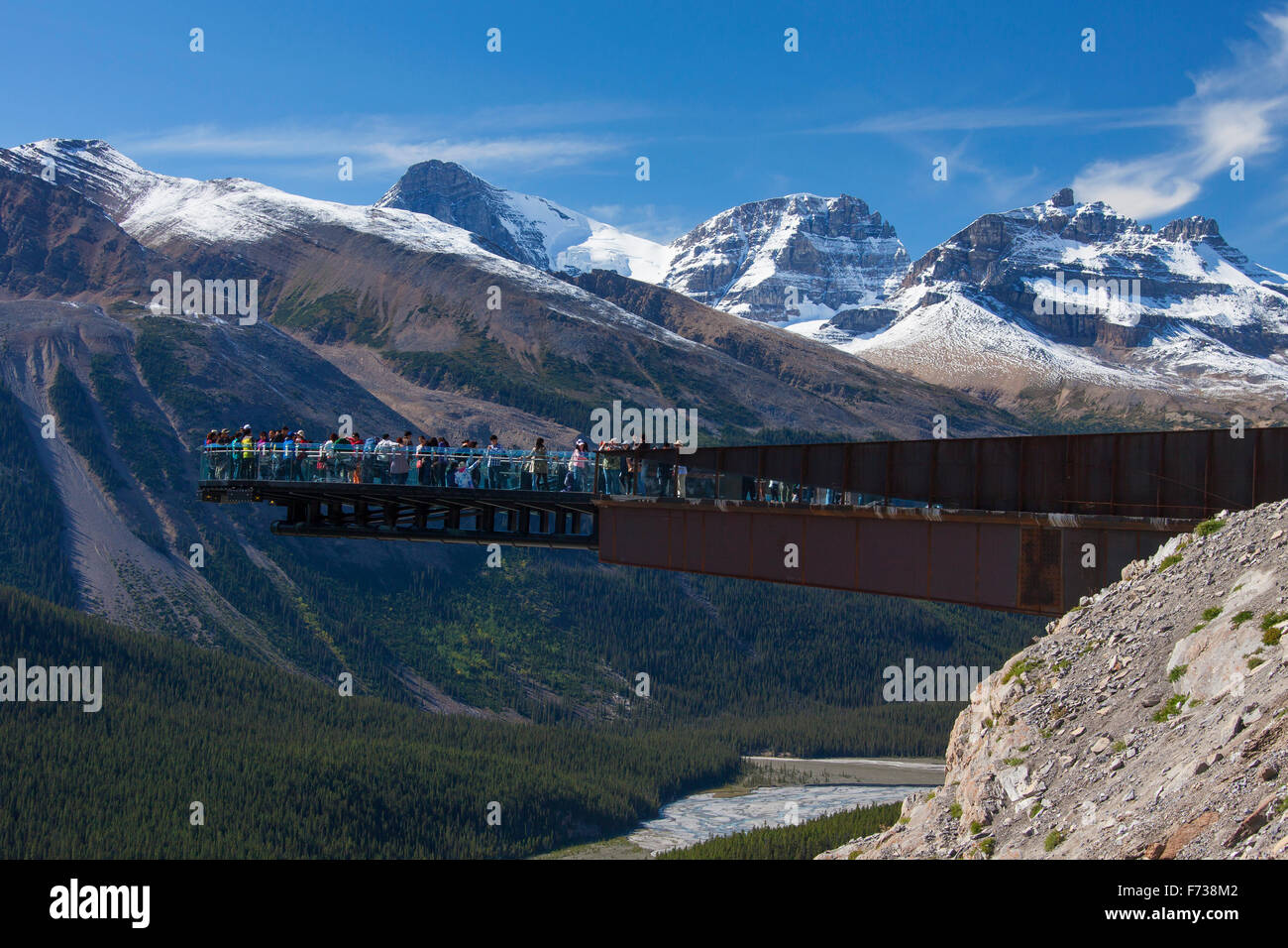 Glacier Skywalk, glass-floored observation platform looking over the Sunwapta Valley, Jasper National Park, Alberta, Canada Stock Photo