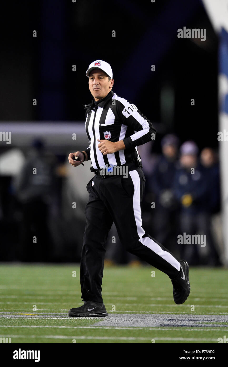 Regulation Time. 23rd Nov, 2015. MA, USA: Referee Gene Steratore (114) takes the field during the National Football League game between the Buffalo Bills and the New England Patriots held at Gillette Stadium in Foxborough Massachusetts. New England defeats Buffalo 20-13 in regulation time. Eric Canha/CSM/Alamy Live News Stock Photo