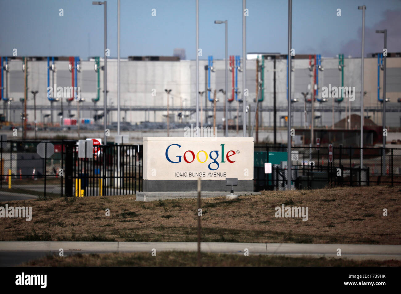 Sign near the entrance of a Google facility in Iowa. Stock Photo