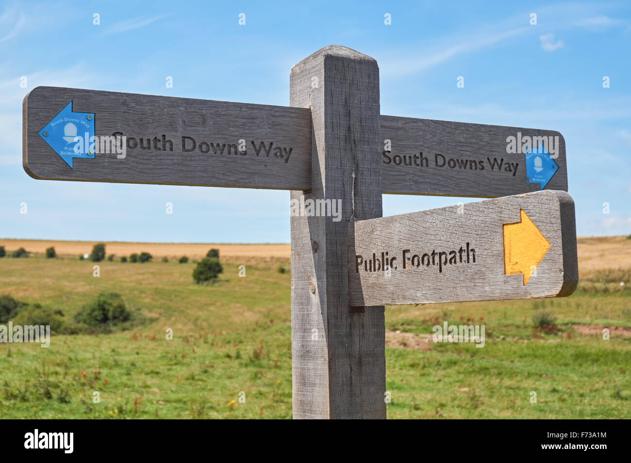 Direction sign at Ditchling Beacon on the South Downs Way, the South Downs National Park East Sussex England United Kingdom UK Stock Photo