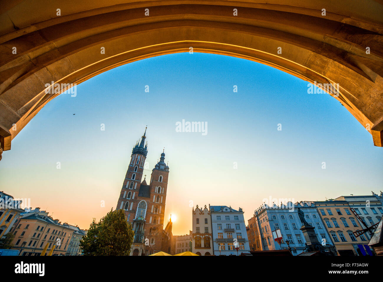 Beautiful view on St. Mary's Basilica at the market square in Krakow on the sunrise. Wide angle view Stock Photo