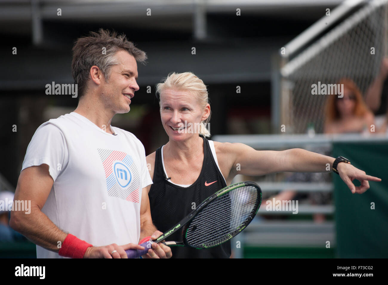 Delray Beach, Florida, US. 21st Nov, 2015. Doubles partners TV actor  Timothy Olyphant and Jana Novotna, International Tennis Hall of Famer and  Tennis Coach, talk strategy at the 26th Annual Chris Evert/Raymond