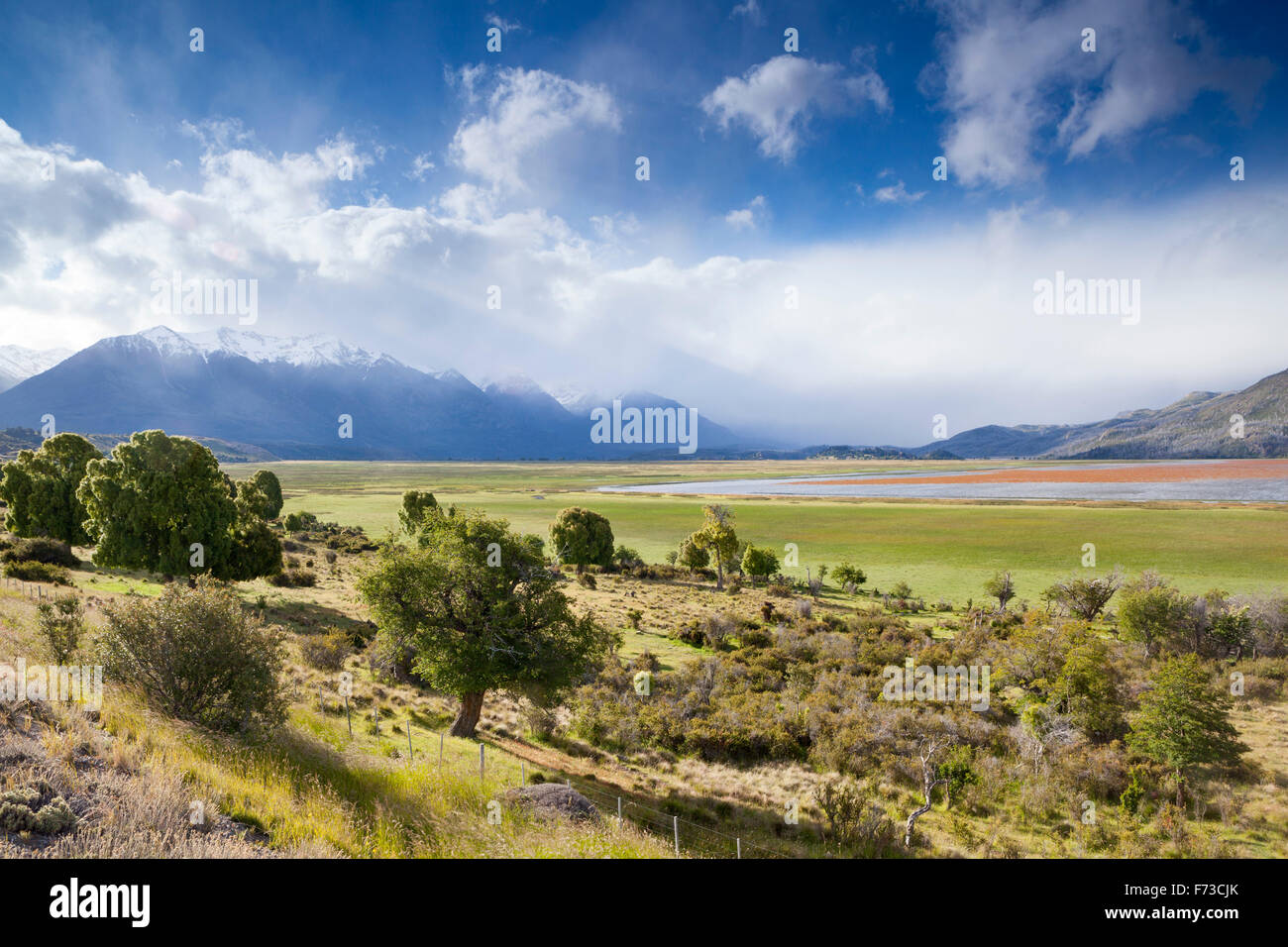 Mountainous landscape with a lake in Chubut, Patagonia Stock Photo