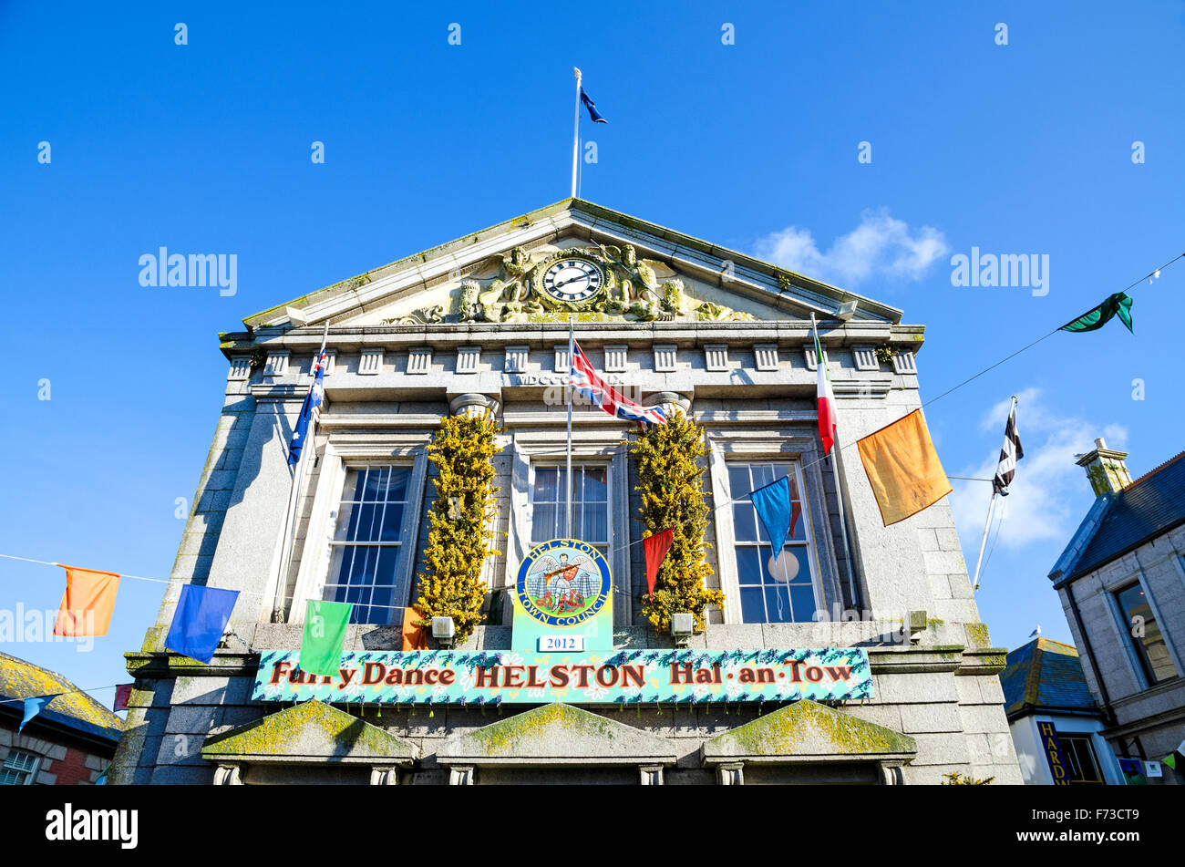 The guildhall in Helston, Cornwall, UK, decorated for Flora Day Stock Photo