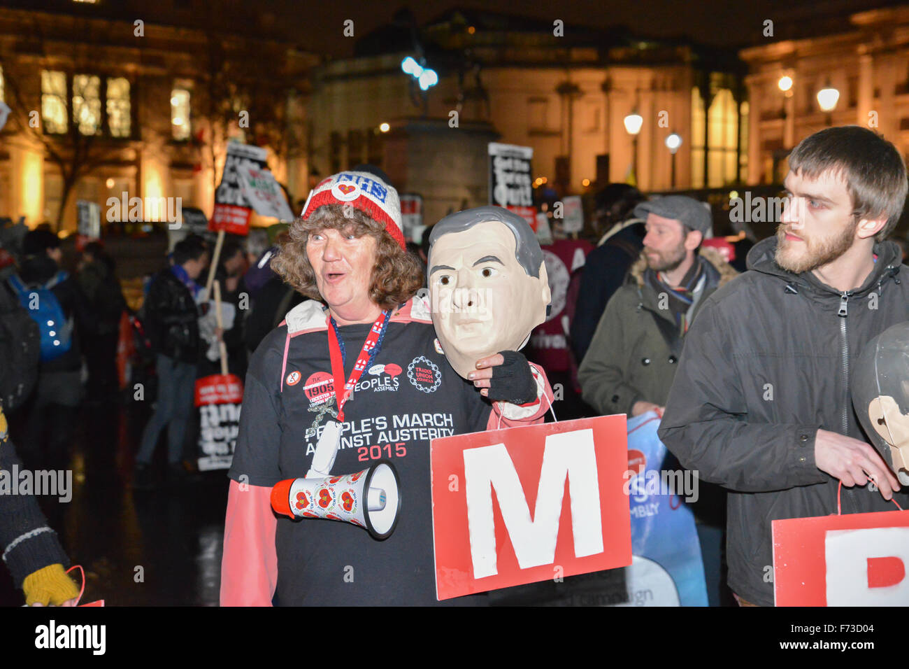 London, UK. 24th November 2015. Spending Review: protest Trafalgar Square  against George Osborne austerity cuts Stock Photo