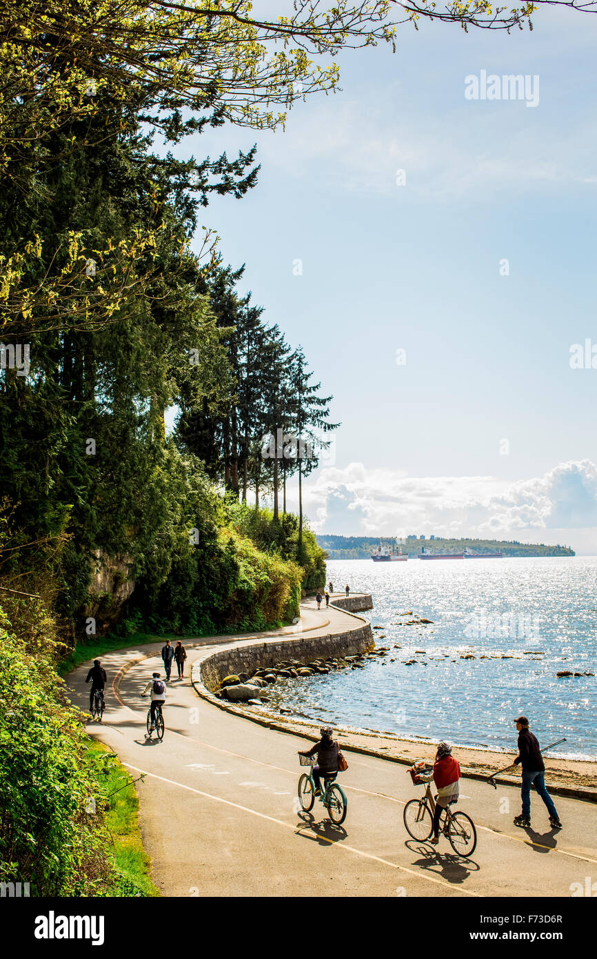 STANLEY PARK, VANCOUVER, BRITISH COLUMBIA, CANADA. Bikers, walkers, and a roller blader cruise down a winding path bordered by big trees and a sunny water scene. Stock Photo