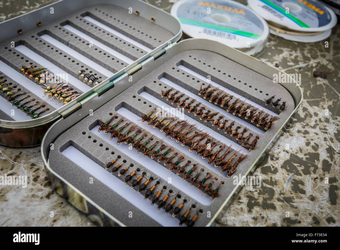 Fly box with nymphs in Alaska Stock Photo Alamy