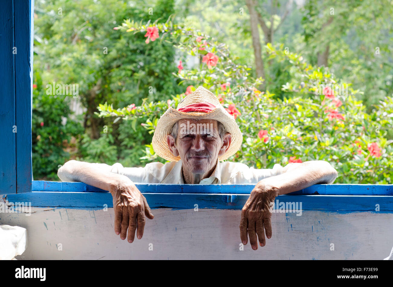 A man poses for a portrait in Viñales, Cuba. Stock Photo