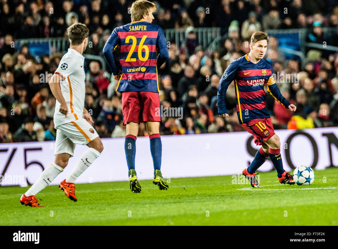 Barcelona, Spain. 24th Nov, 2015. FC Barcelona's forward MESSI in action against the AS Roma in the Champions League match between FC Barcelona and AS Roma at the Camp Nou stadium in Barcelona Credit:  matthi/Alamy Live News Stock Photo