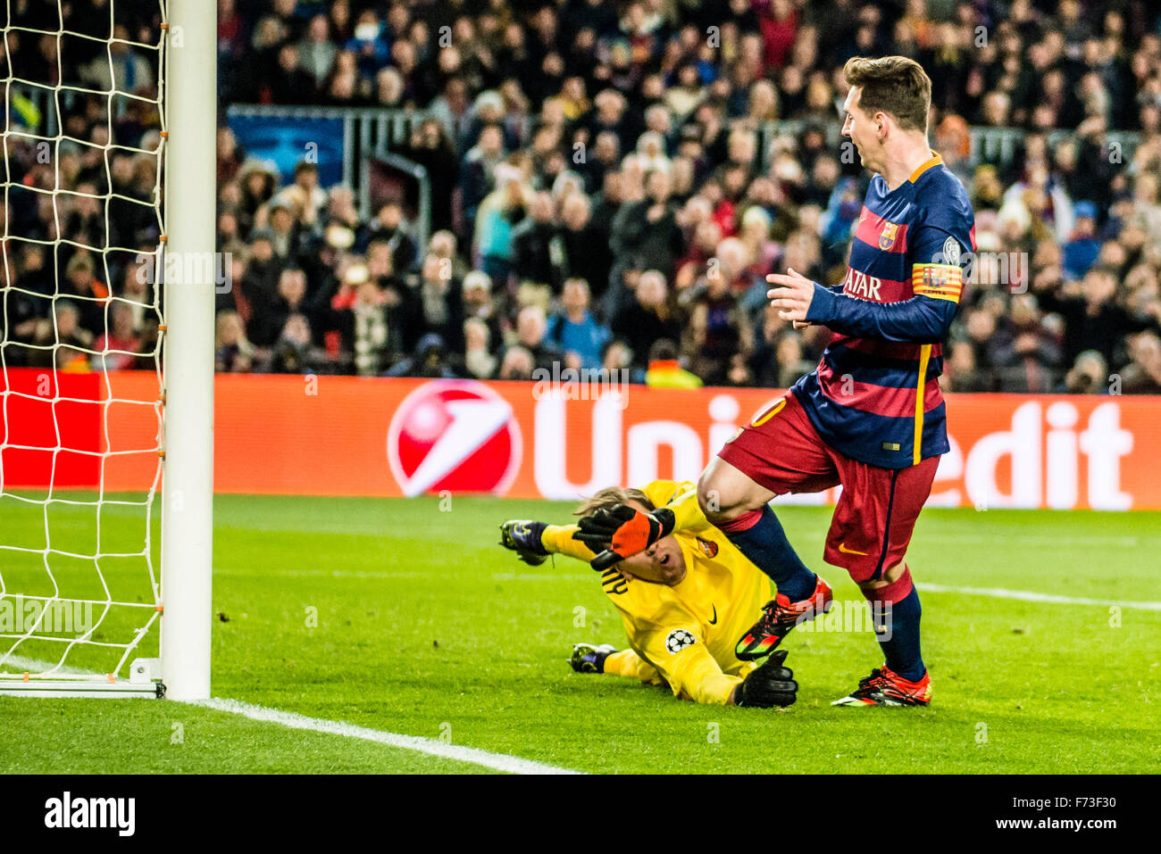 Barcelona, Spain. 24th Nov, 2015. FC Barcelona's forward MESSI scores his team's 5th goal during the Champions League match between FC Barcelona and AS Roma at the Camp Nou stadium in Barcelona Credit:  matthi/Alamy Live News Stock Photo