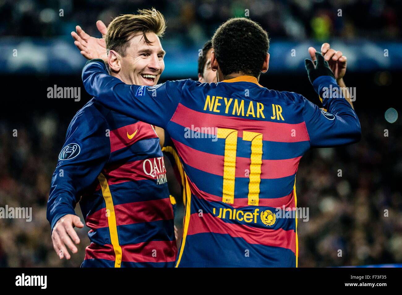 Barcelona, Spain. 24th Nov, 2015. FC Barcelona's forward MESSI celebrates a goal with teammates during the Champions League match against AS Roma at the Camp Nou stadium in Barcelona Credit:  matthi/Alamy Live News Stock Photo