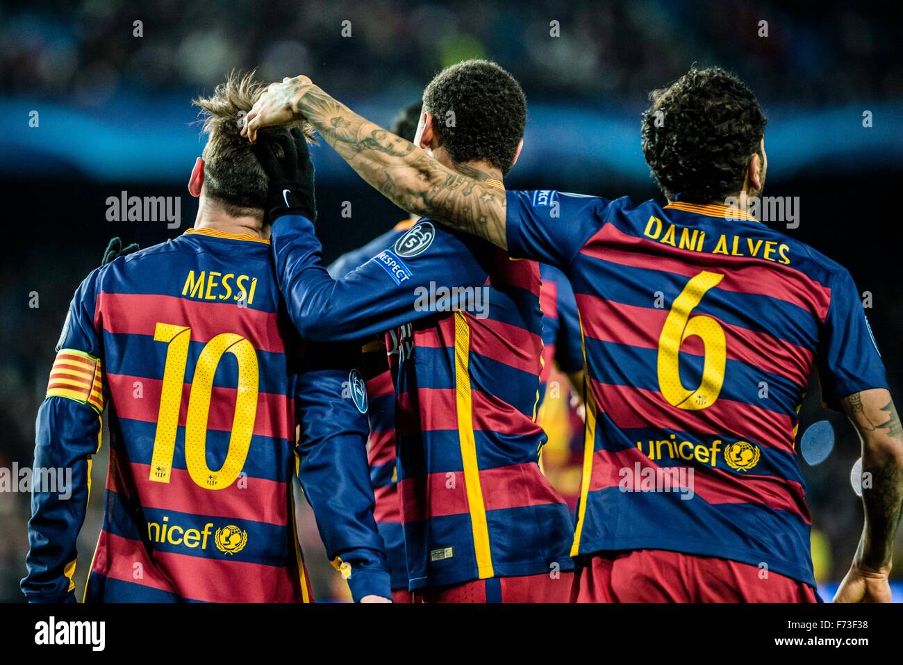 Barcelona, Spain. 24th Nov, 2015. FC Barcelona's forward MESSI celebrates a goal with teammates during the Champions League match against AS Roma at the Camp Nou stadium in Barcelona Credit:  matthi/Alamy Live News Stock Photo