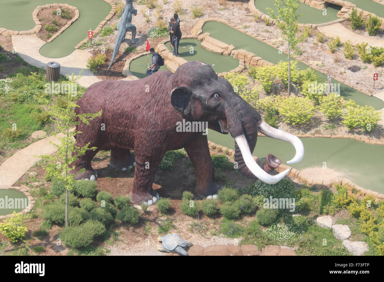 Mastodon at Dinosaur Park Miniature Golf, Dinosaur Adventure Golf. View from Niagara Skywheel, Clifton Hill area, Niagara Falls, Stock Photo