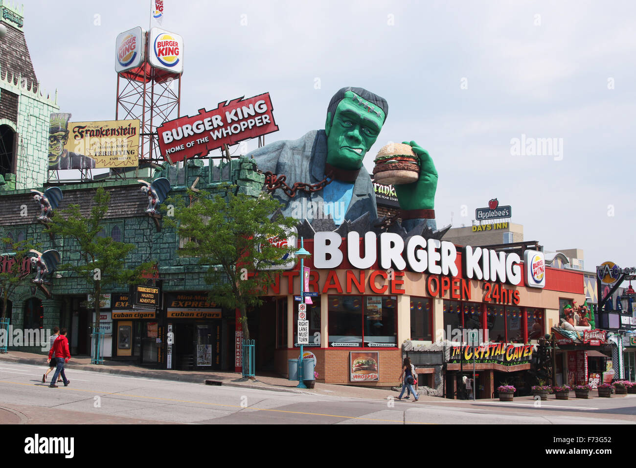 Burger King Restaurant with Frankenstein holding a Whopper hamburger. Clifton Hill tourist area, Niagara Falls, Ontario, Canada. Stock Photo