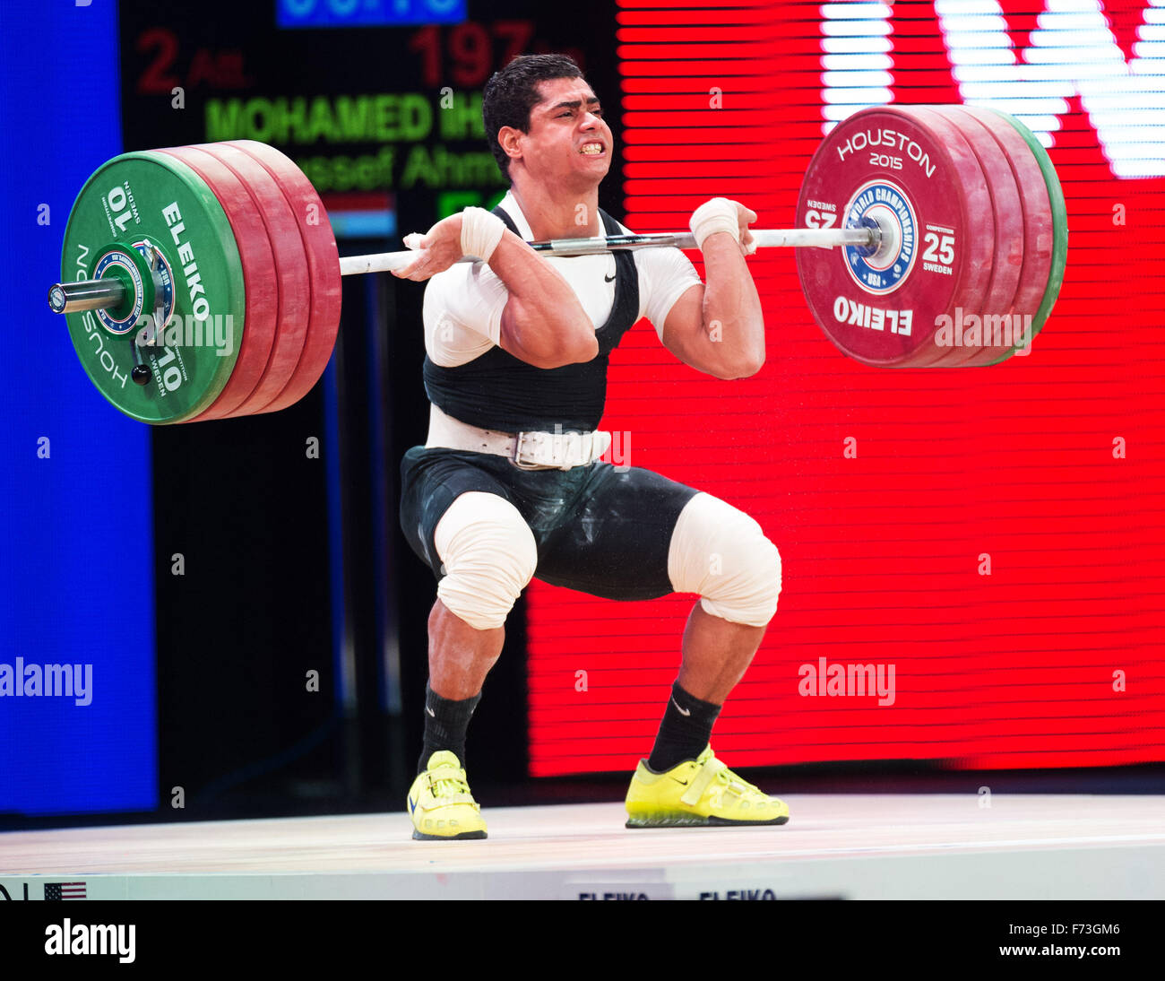 Houston, Texas, USA. 24th Nov, 2015.  Youssef Mohamed Ihab lifts 197 kilograms in the clean and jerk. Ihab competed in the Men's 77 kilogram weight class at the World Weightlifting Championships in Houston, Texas. Brent Clark/Alamy Live News Stock Photo