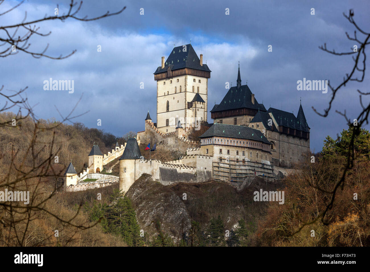 Karlstejn Castle is a large Royal Gothic castle founded 1348 CE by Charles IV, Holy Roman Emperor and King of Bohemia. Stock Photo