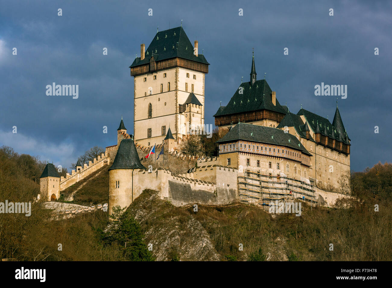 Karlstejn Castle is a large Royal Gothic castle founded 1348 CE by Charles IV, Holy Roman Emperor and King of Bohemia. Czech Republic Stock Photo